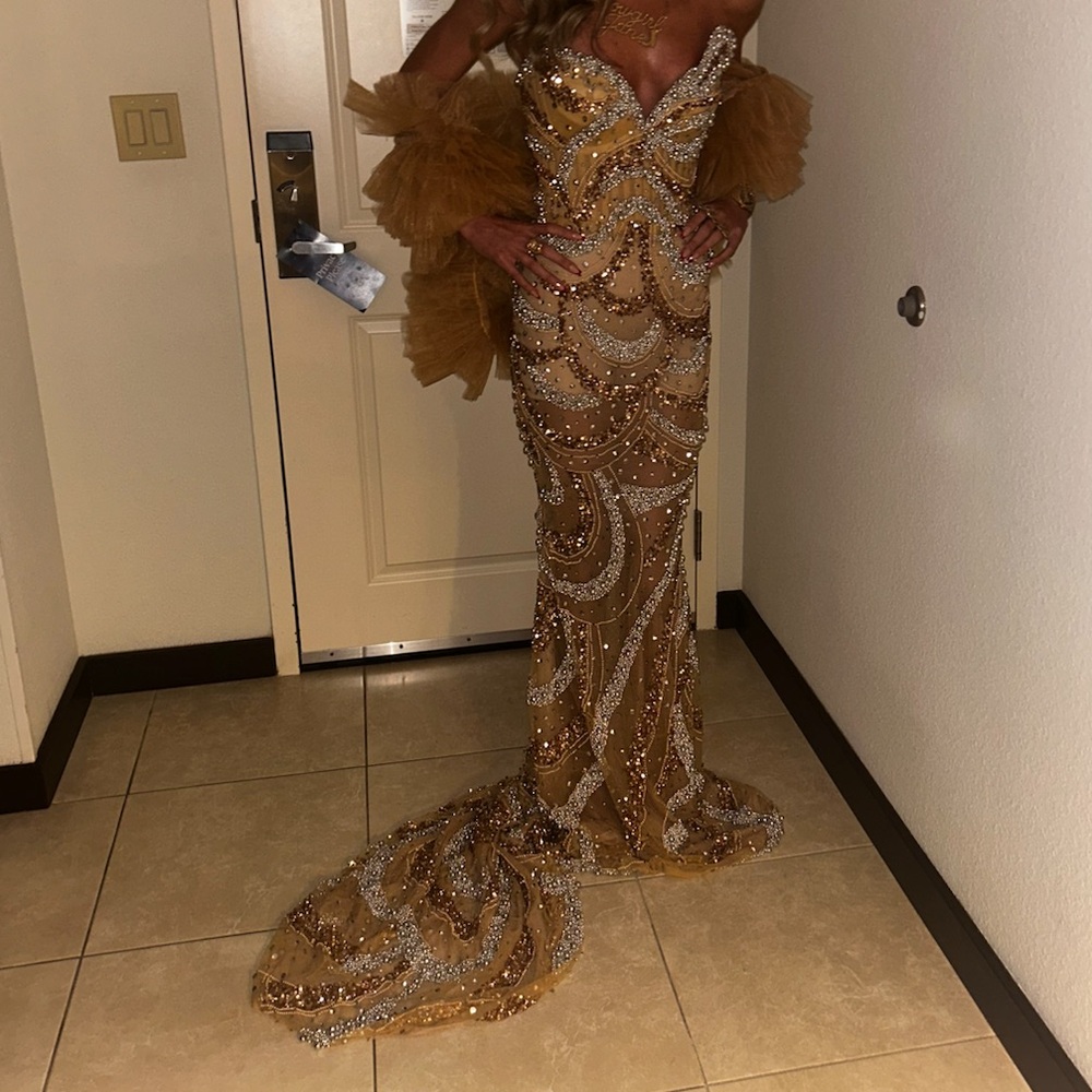Gold Strapless Embellished Evening Gown - Picture 5 of 8